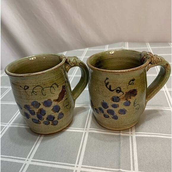 Pottery Coffee Mugs Grape Vine Primitive Handmade Artisan Crafted Set of 2 Cups - Picture 1 of 10